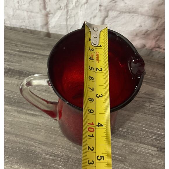 Vintage Ruby Red Hand Blown Crackle Glass Pitcher Clear Handle 6 7/8” Tall - Picture 8 of 8